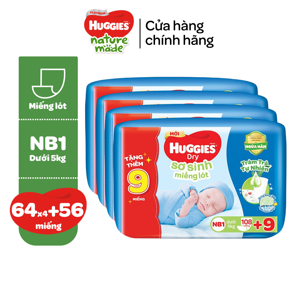 [Tặng 36 miếng NB1] Thùng 4 gói  Miếng lót Sơ Sinh Huggies Tràm Trà NB1 108 miếng