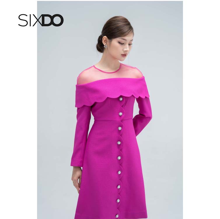 Đầm nữ ôm woven phối vai lưới cúc ngọc SIXDO