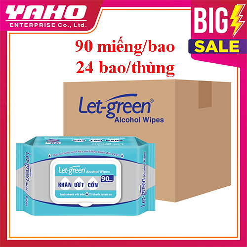 Thùng Khăn Ướt Cồn LET-GREEN 90 Miếng/Bao, 24 Bao/Thùng