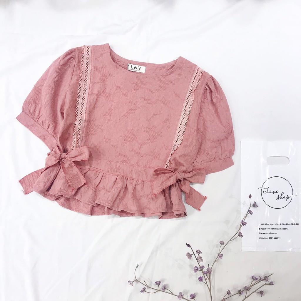 Áo xô thêu babydoll 2 nơ Áo xô ren cột nơ 2 bên nhiều màu Lovi