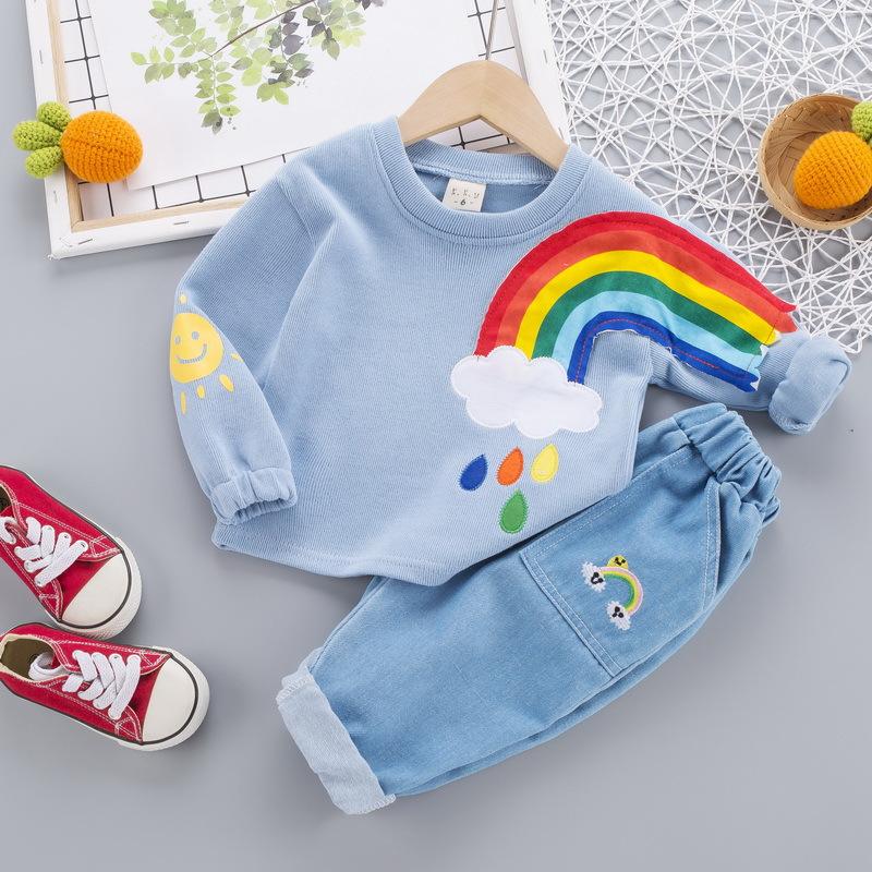 0-4 Năm Tuổi Bộ Quần Áo Bé Trai Mùa Xuân Và Mùa Thu Phù Hợp Với Bé Trai Rainbow Áo Len Cổ Tròn + Quần Jean Thường Ngày quần Áo Cho Bé 2 Phù Hợp Với