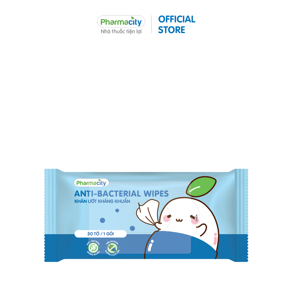 Khăn ướt kháng khuẩn Pharmacity Anti-bacterial Wipes kết hợp dưỡng ẩm (Gói 30 tờ)