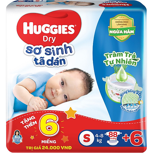 Khuyến Mãi thêm 6 miếng - Tã dán HUGGIES DRY Size S88 hương tràm trà ( 4-8kg ) - HSD luôn mới