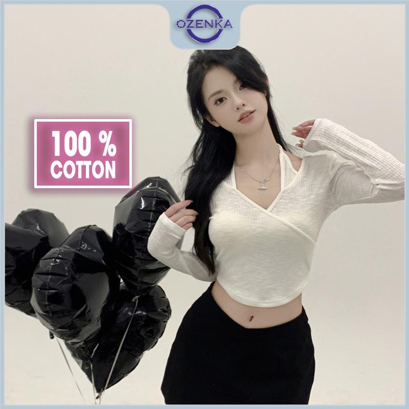 Áo croptop ôm tay dài kiểu gợi cảm nữ OZENKA, áo crt mặc thu đông đẹp vải cotton đen trắng size dưới 55 kg