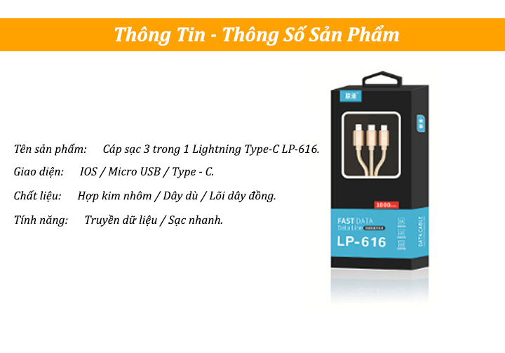 Cáp sạc 3 trong 1 Lightning Type-C LP-616