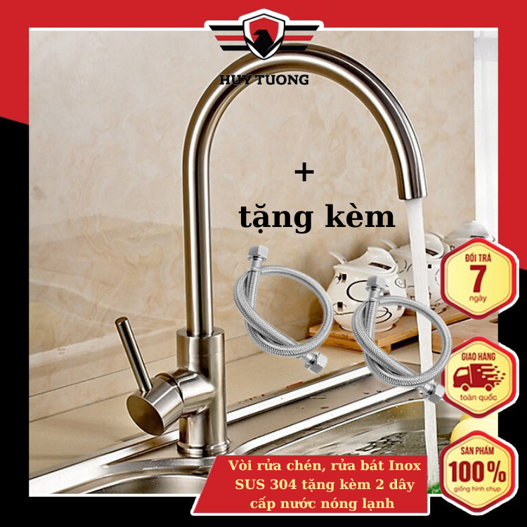 Vòi rửa chén, rửa bát nóng lạnh Inox SUS 304 tặng kèm 2 dây cấp nước nóng lạnh (60 cm)