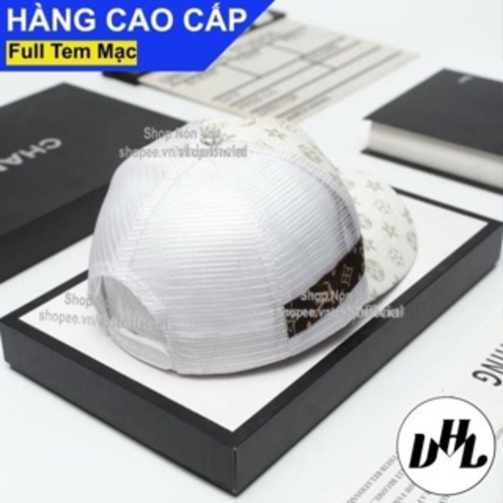Mũ Lưỡi Trai Nón Kết LV Thêu Logo Vuông Sọc Ngang Bên Hông Phối Lưới Thoáng Mát Vải Hoạ Tiết Kaki Cotton Màu Trắng