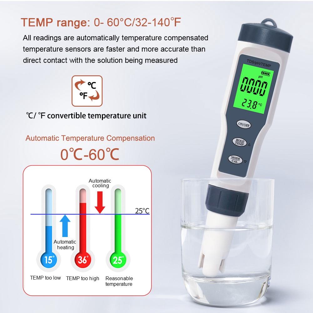 Máy Đo độ sạch 3 Trong 1, Đo độ PH nước và độ TDS nhiệt độ Hồ cá, Nước Uống, thủy canh, thủy sinh