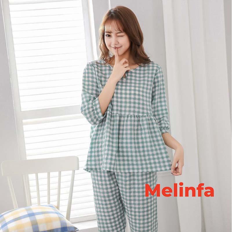 Bộ đồ ngủ nữ, bộ Pyjamas mặc nhà nữ cổ tròn tay lửng, quần dài chất cotton lụa tự nhiên phong cách trẻ trung mã VABD0197