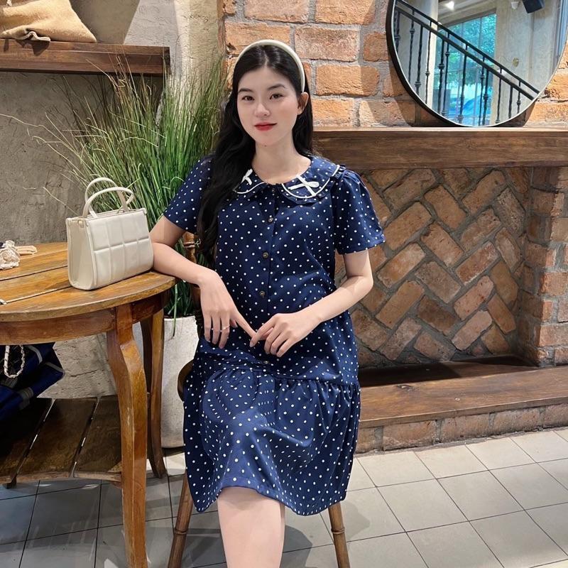 Đầm bầu chấm bi cổ sen đính nơ dễ thương, thanh lịch phù hợp cho mẹ bầu và sau sinh - Trắng kem
