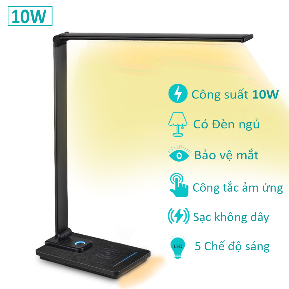 Đèn làm việc để bàn Led 10W, 5 chế độ sáng, Tích hợp sạc không dây 10W, Có đèn ngủ ban đêm