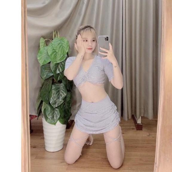 freeship Bikini đồ bơi hai mảnh cộc tay kín đáo sọc đen trắng quần đùi mặc đi biển đi bơi đẹp