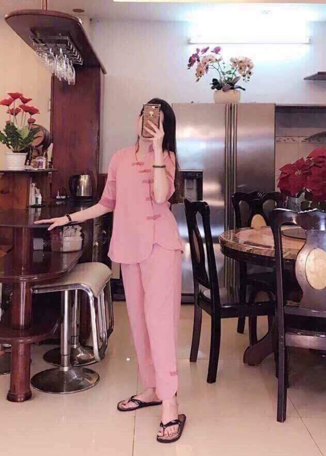 Áo Lam Đi Chùa - Cài Phải 5 Nút Màu Hồng