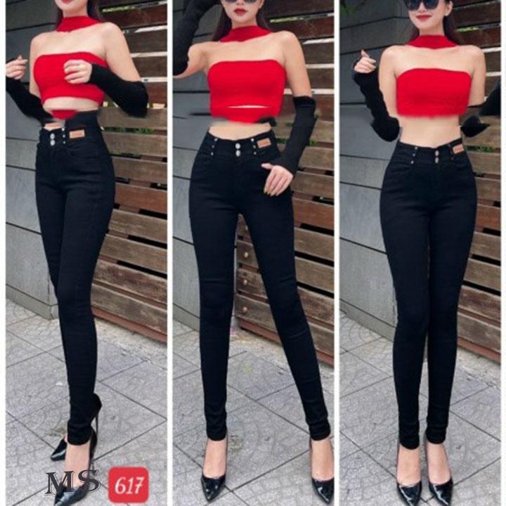 4 mẫu quần jean nữ lưng cao màu đen mặc tôn dáng ôm body chất vải jean cotton cao cấp dày mềm co giãn tốt