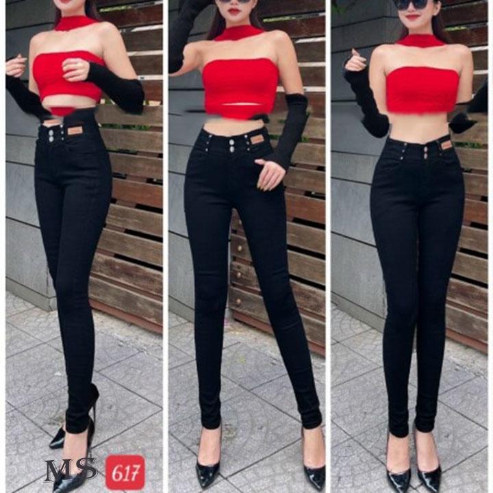 4 mẫu quần jean nữ lưng cao màu đen mặc tôn dáng ôm body chất vải jean cotton cao cấp dày mềm co giãn tốt