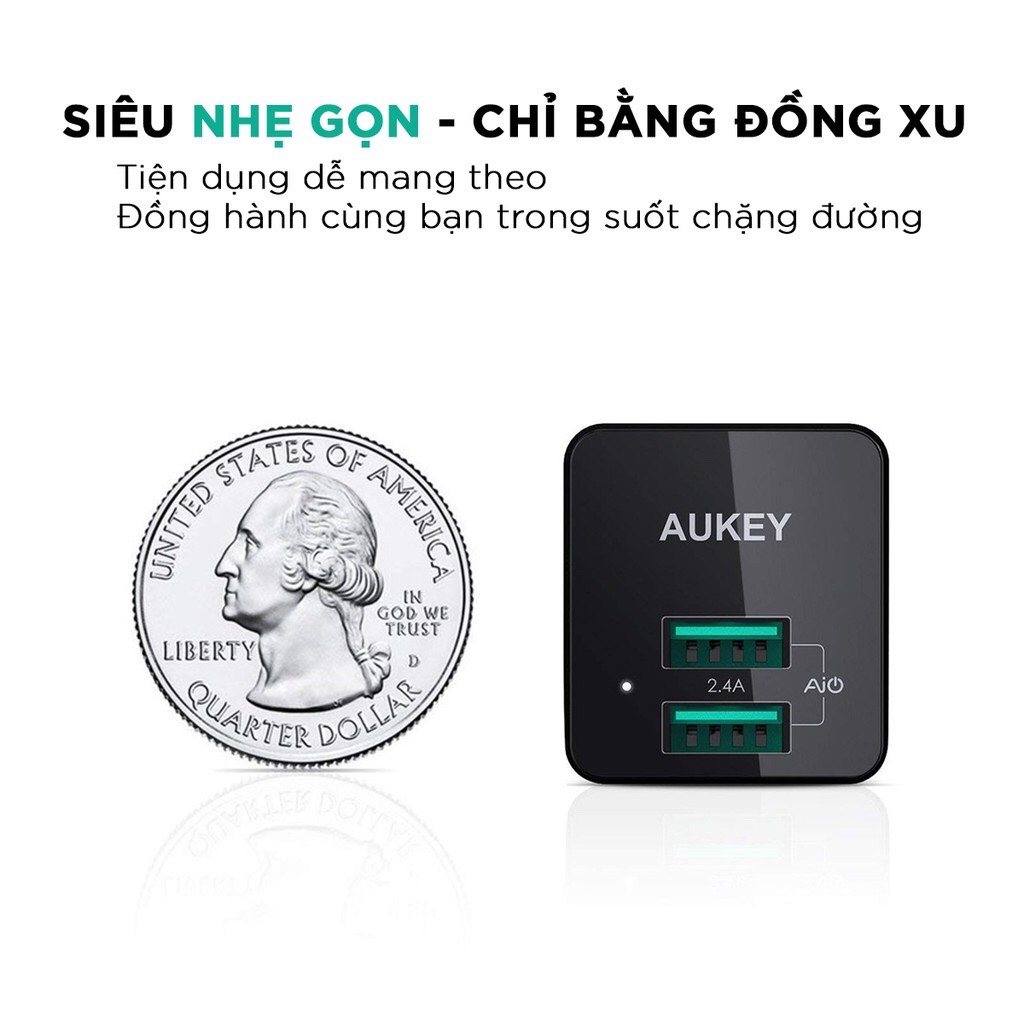 Adapter Sạc 2 Cổng 12W Aukey PA-U32 - Hàng Chính Hãng