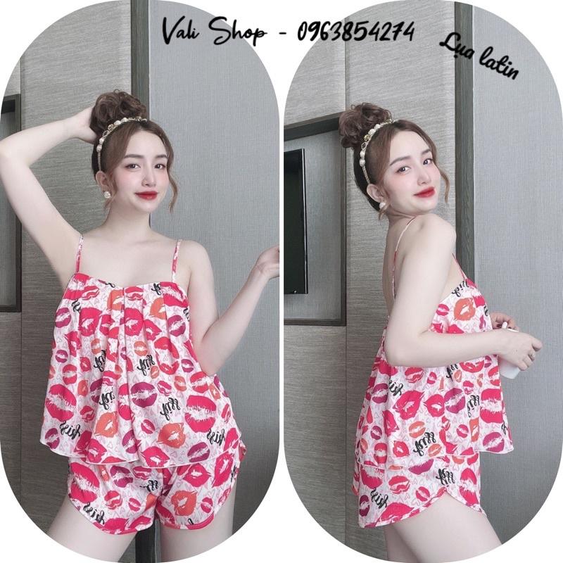 Bộ ngủ lụa latin 2 dây xếp ly hoạ tiết freesize từ 42-57kg