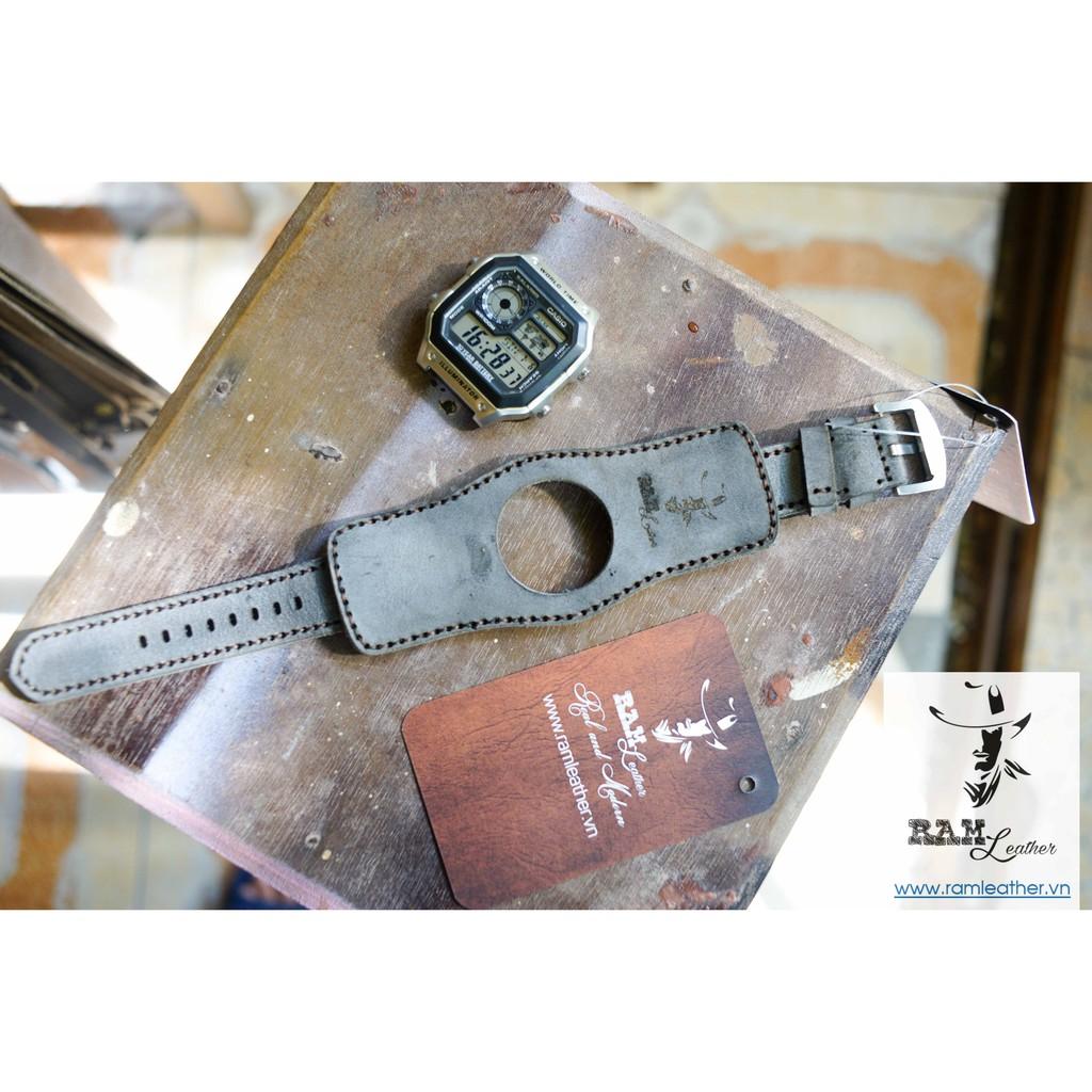 COMBO DÂY ĐỒNG HỒ DA BÒ THẬT XÁM ĐÁ + RAM BUNDSTRAP B2 XÁM QUÂN ĐỘI ĐỨC-ĐỦ SIZE