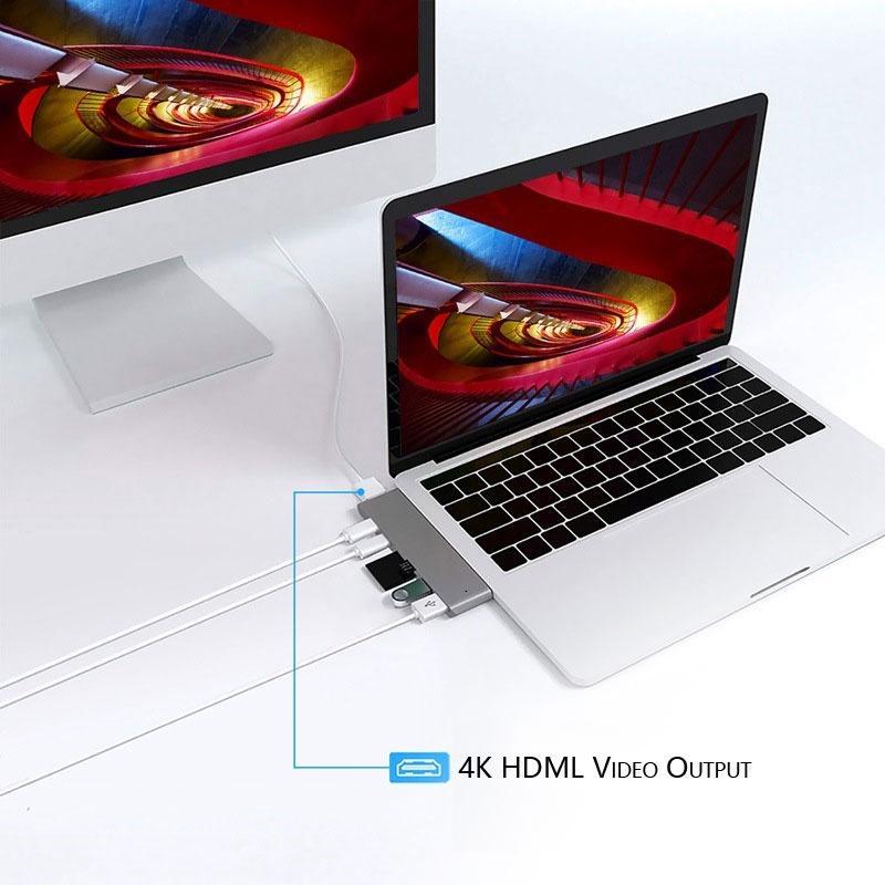 Bộ Chuyển Đổi Hub USB Type C 7 Trong 1 Cho MacBook Pro/Air 2018/2020 Có Đầu Đọc Thẻ 4K HDMI USB C USB 3.0 SD/TF