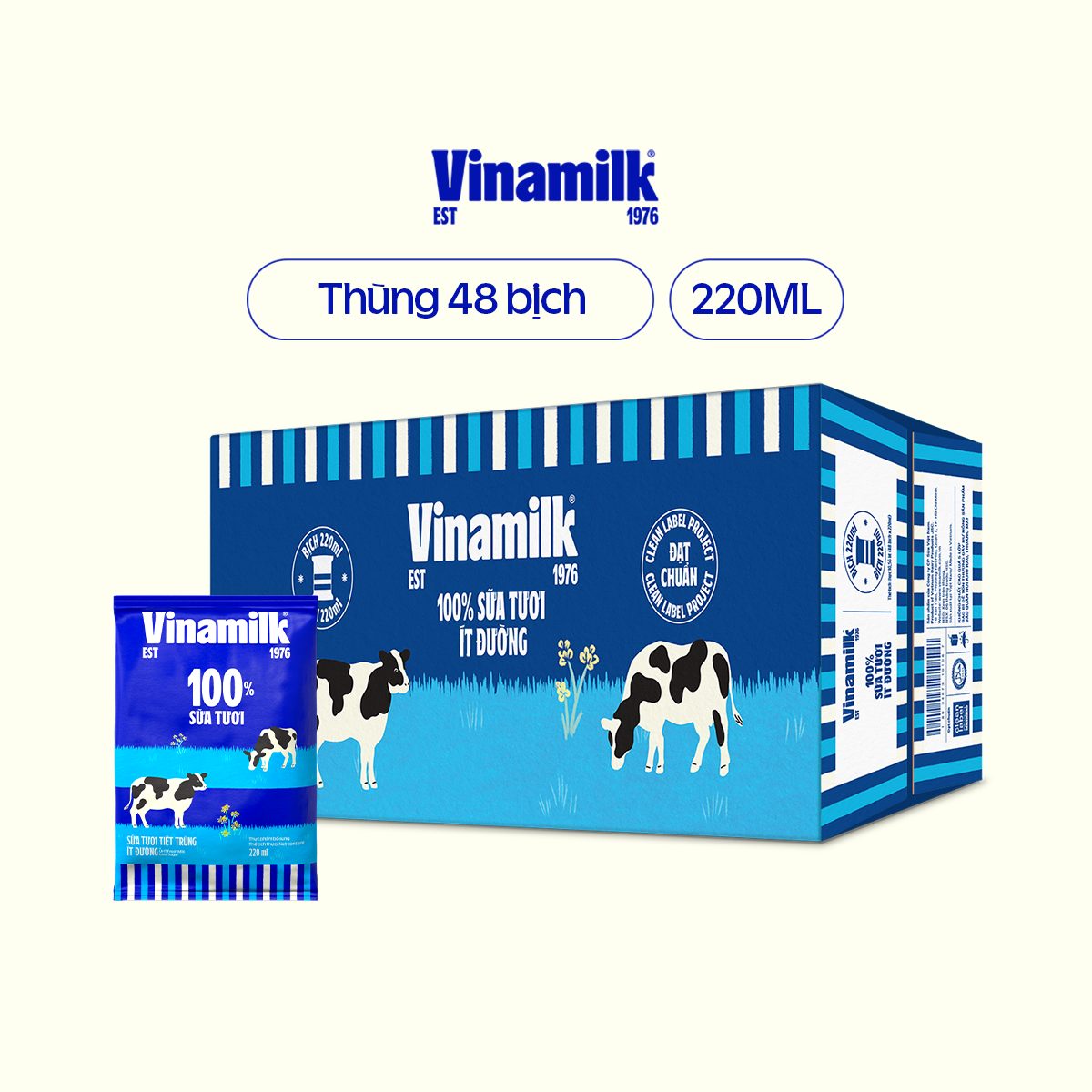 Sữa tươi tiệt trùng ít đường Vinamilk 100% Sữa tươi - Thùng 48 bịch 220ml
