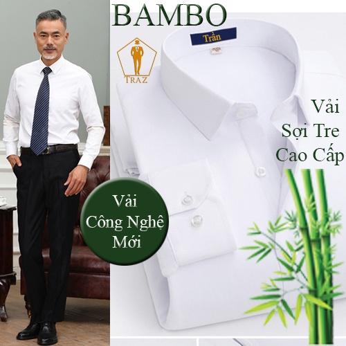 Hình ảnh Áo Sơ Mi Trắng Nam Trung Niên Trơn Dài Tay Công Sở Vải Sợi Tre Bambo, Sồi Không Túi Ngực -TRAZ