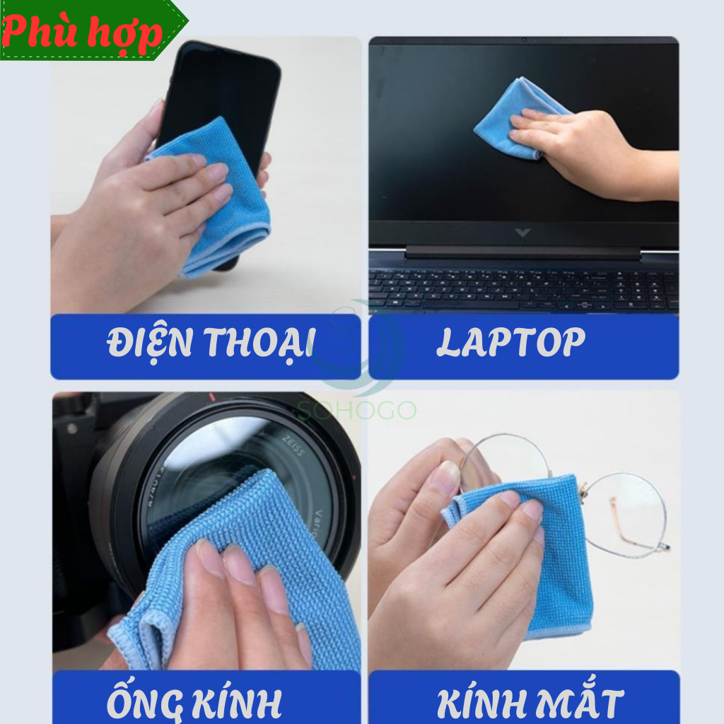 Khăn lau kính chống trầy- Khăn microfiber lau điện thoại 17x20cm- Khăn lau màn hình cao cấp- Khăn lau đa dụng siêu thấm- Khăn lau máy ảnh, kính mắt-Hàng nhập khẩu