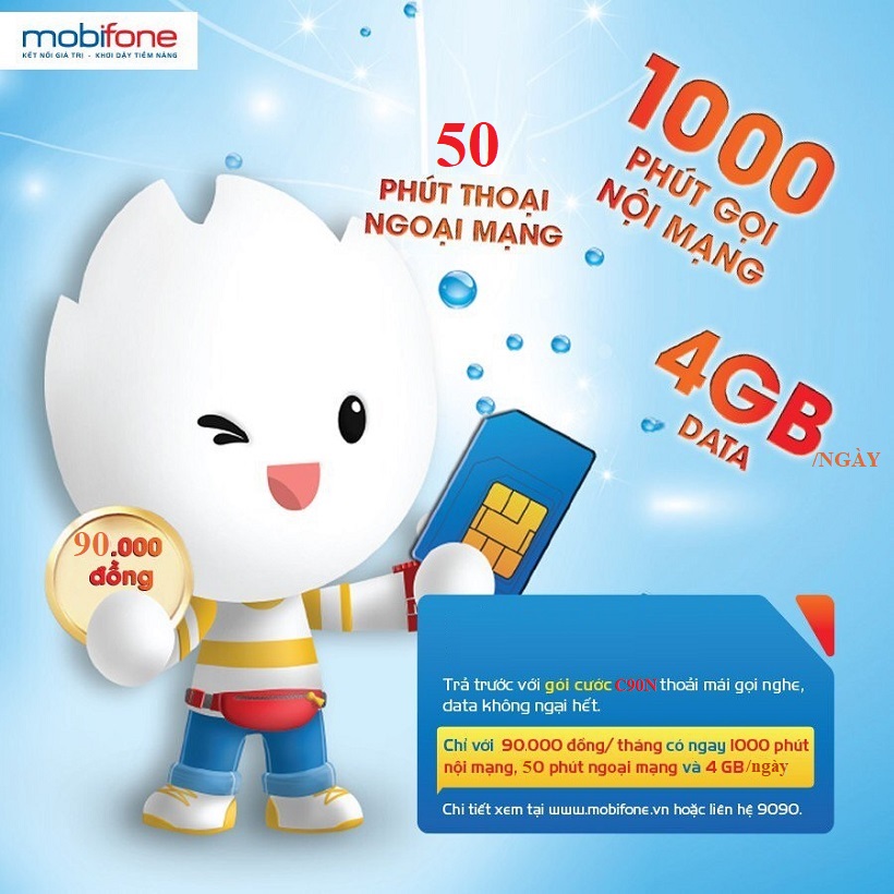 Sim 4G Mobifone C90N - ĐĂNG KÝ ĐÚNG CHỦ - (Nạp 90k/tháng: 4Gb/ngày, Gọi nội mạng miễn phí 1000 phút, ngoại mạng 50 phút miễn phí) - Không bị cắt sim