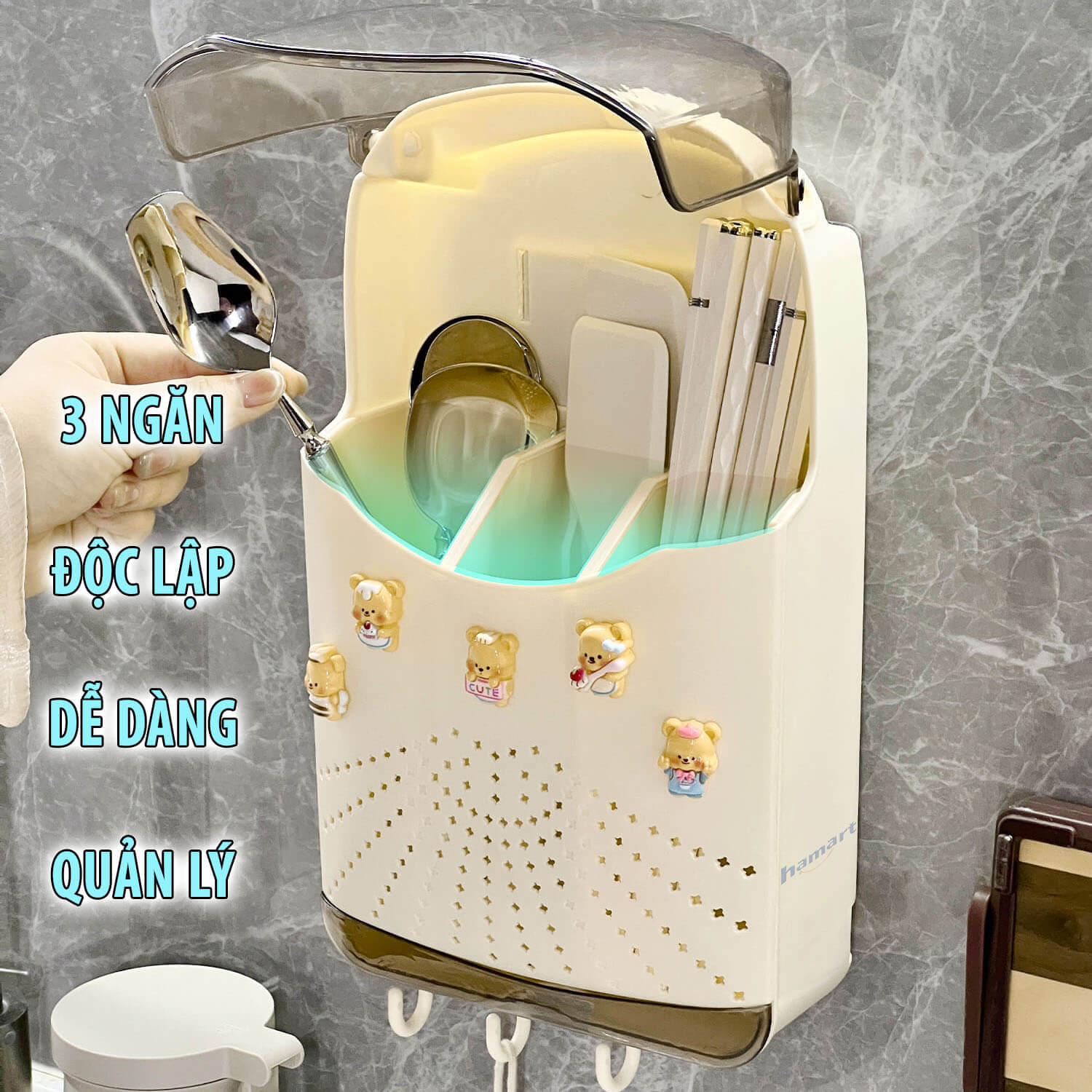 Hộp Đựng Đũa Thìa Treo Tường Có Nắp Đậy Khay Thoát Nước 3 Móc Nhựa Treo Đồ Kèm Miếng Dán Siêu Dính