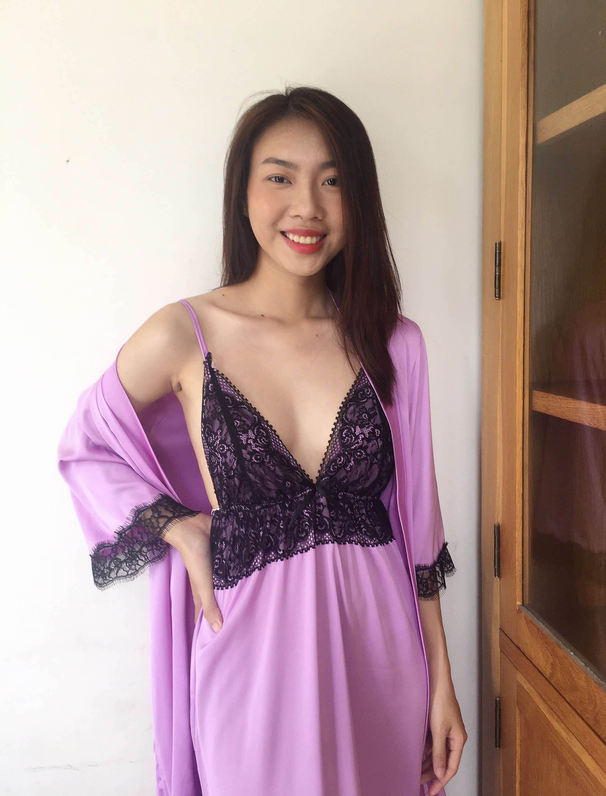 [HATU SLEEPWEAR] Váy ngủ lụa hai dây phối ren-Màu tím