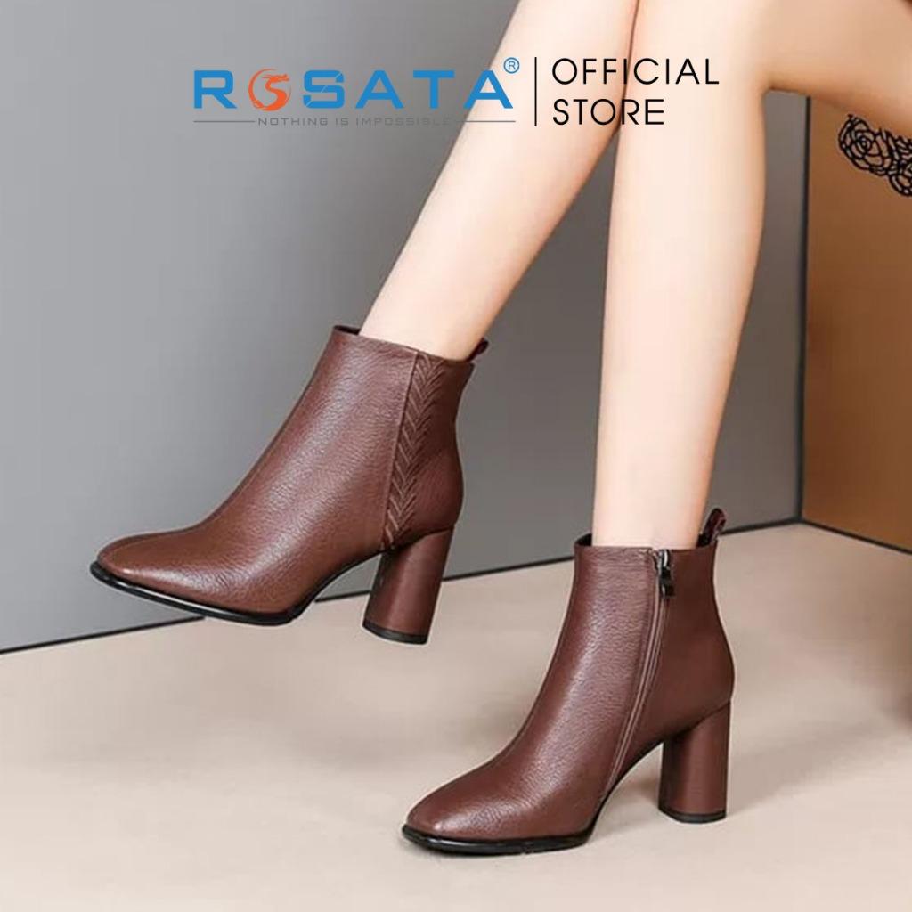 Giày bốt nữ cổ cao đế vuông 7 phân mũi nhọn khóa kéo ROSATA RO307 ( BẢO HÀNH 12 THÁNG ) - Nâu
