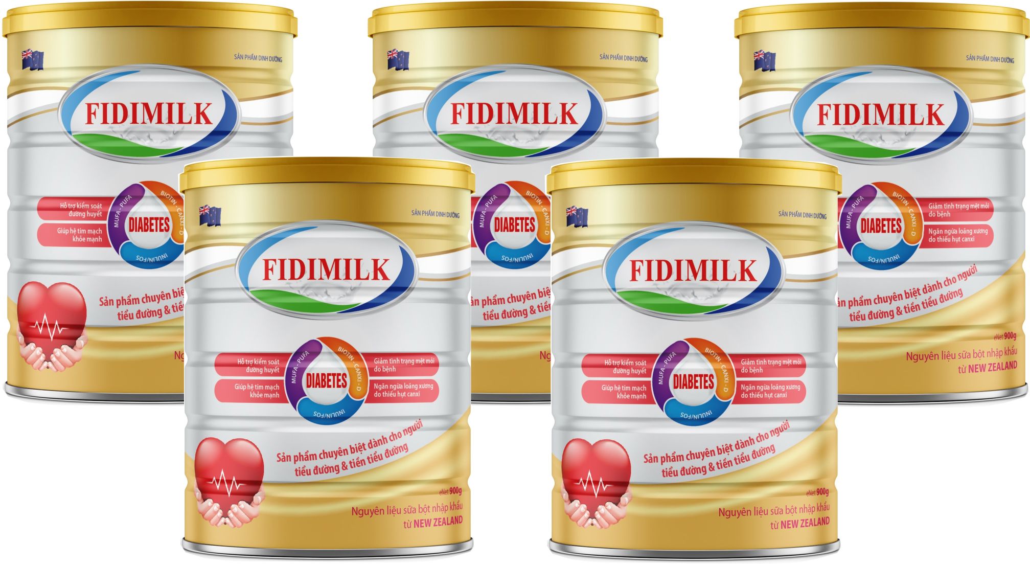 Combo 5 lon Sữa bột FIDIMILK DIABETES lon 900g - Dinh dưỡng dành cho người tiểu đường và tiền tiểu đường.