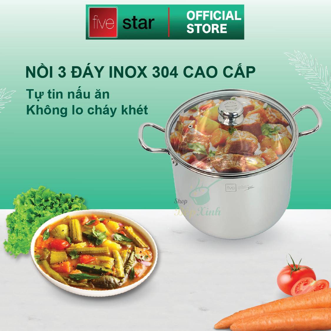 Nồi luộc gà inox 304 cao cấp Fivestar Plus 28cm nắp kính , 3 đáy dùng được bếp gas , hồng ngoại