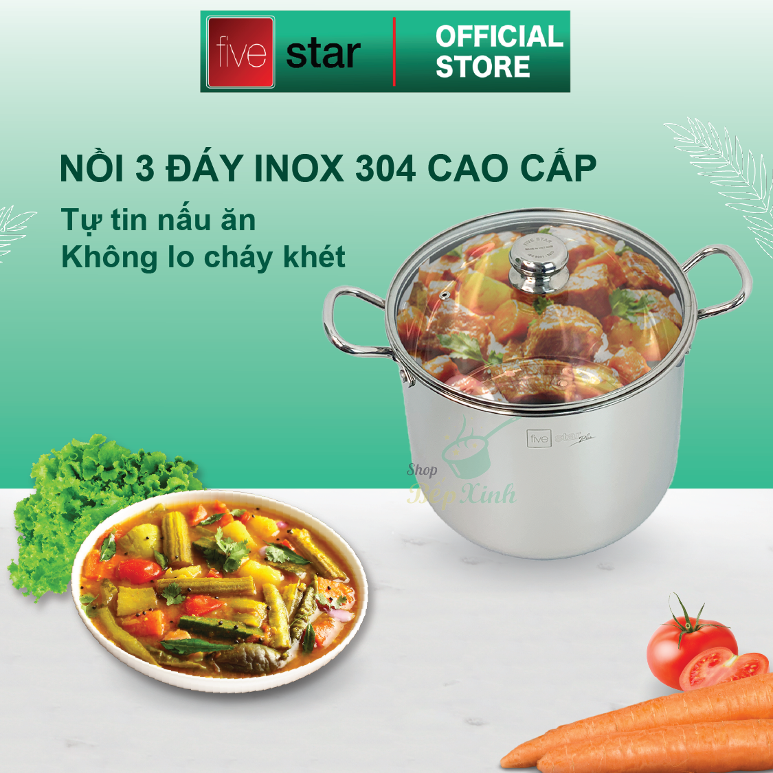 Nồi luộc gà inox 304 cao cấp Fivestar Plus 28cm nắp kính , 3 đáy dùng được bếp gas , hồng ngoại ( tặng 1 vá canh inox )