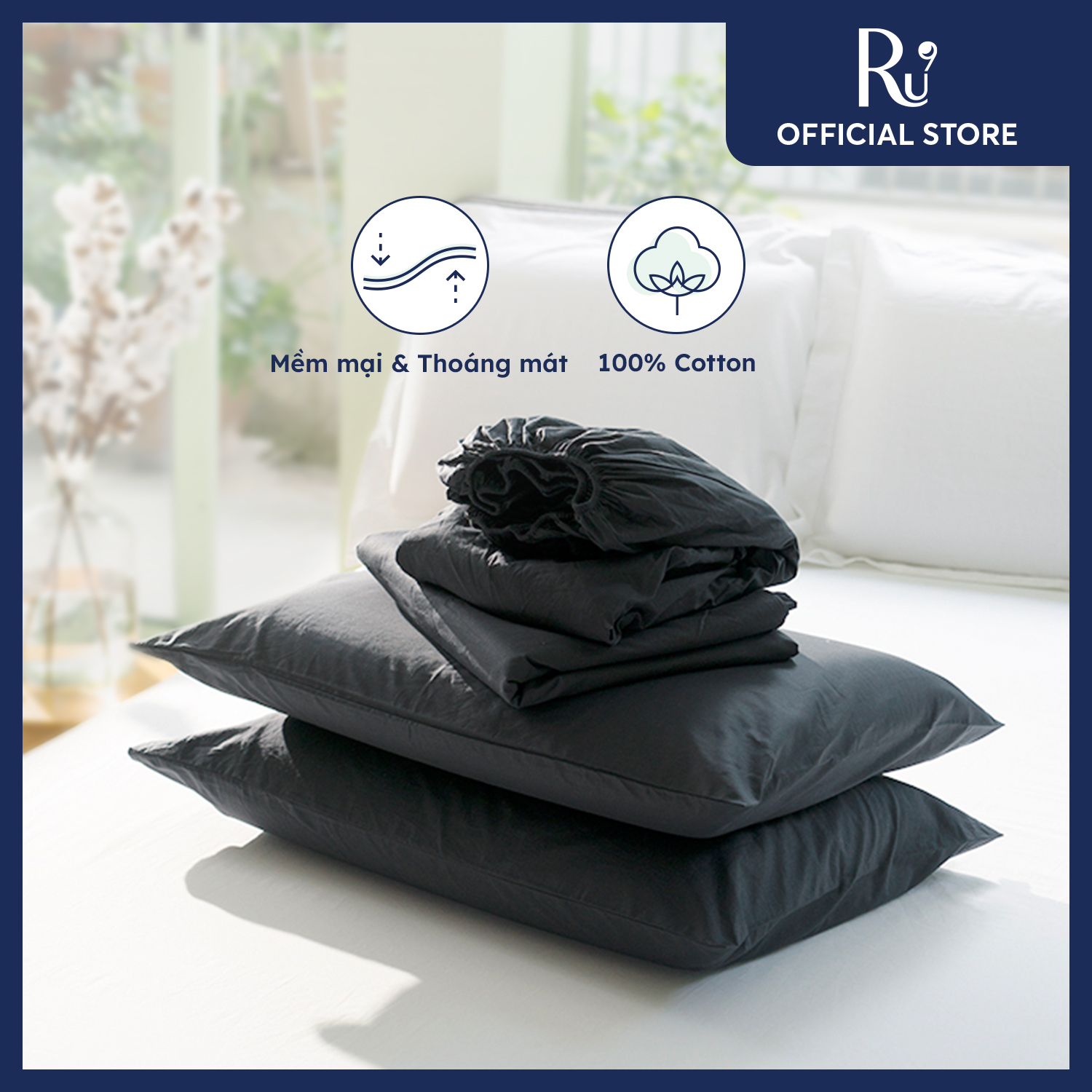 Bộ Ga Trải Giường Ru9 Cotton Percale 100% Cotton Tự Nhiên - Black Oyster