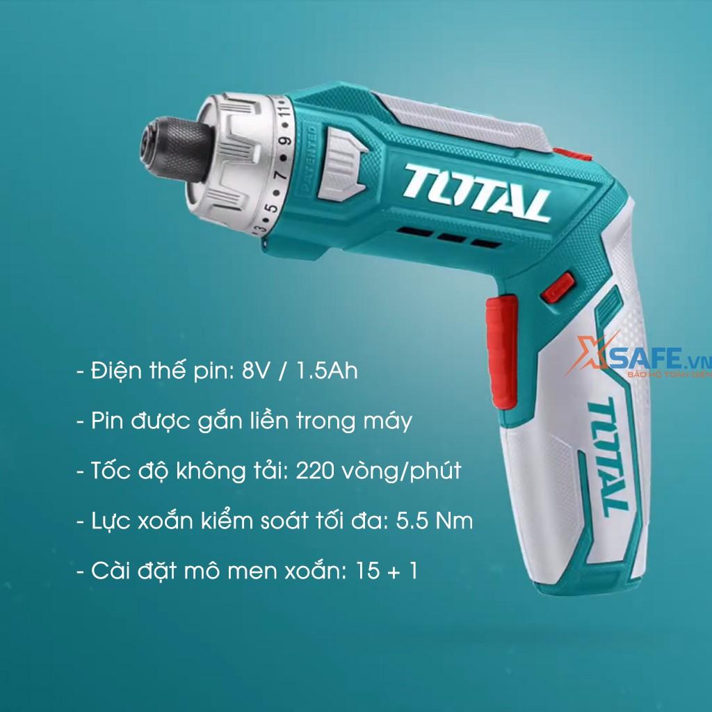 Máy Siết vít dùng pin Lithium 8V TOTAL TSDLI0801 Tặng kèm sạc 2 giờ, 10 mũi vít 25mm, 1 mũi từ và 4 mũi khoan HSS