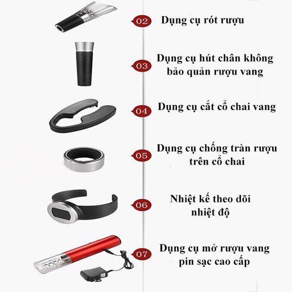 Bộ dụng cụ mở chai vang tự động 7 trong 1 - Pin sạc cao cấp
