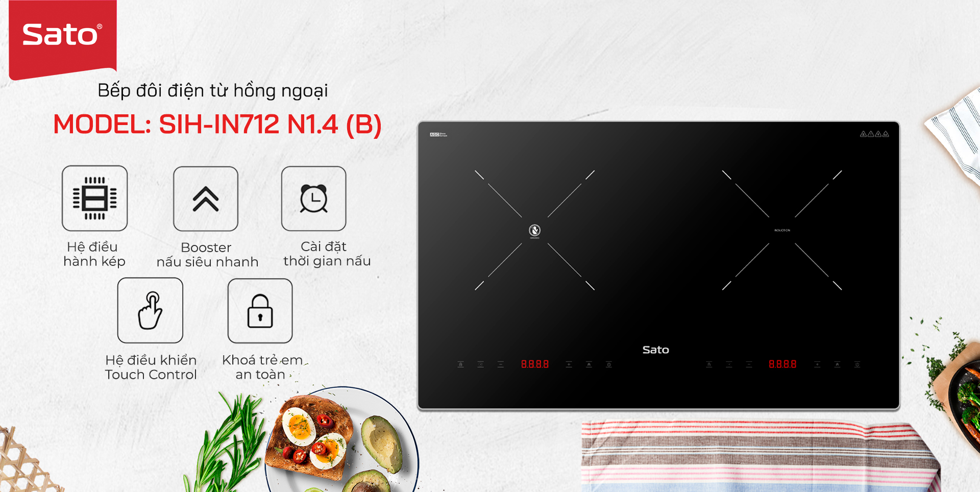 Bếp đôi điện từ hồng ngoại SATO SIH-IN712 N1.4 (B) - Thiết kế đột phá về kiểu dáng, kết cấu vững chắc - Mặt kính cường lực chịu nhiệt 700°C, chống xước - Miễn phí vận chuyển toàn quốc - Hàng chính hãng