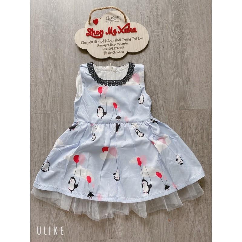 Váy xanh phi lụa kết voan bé gái