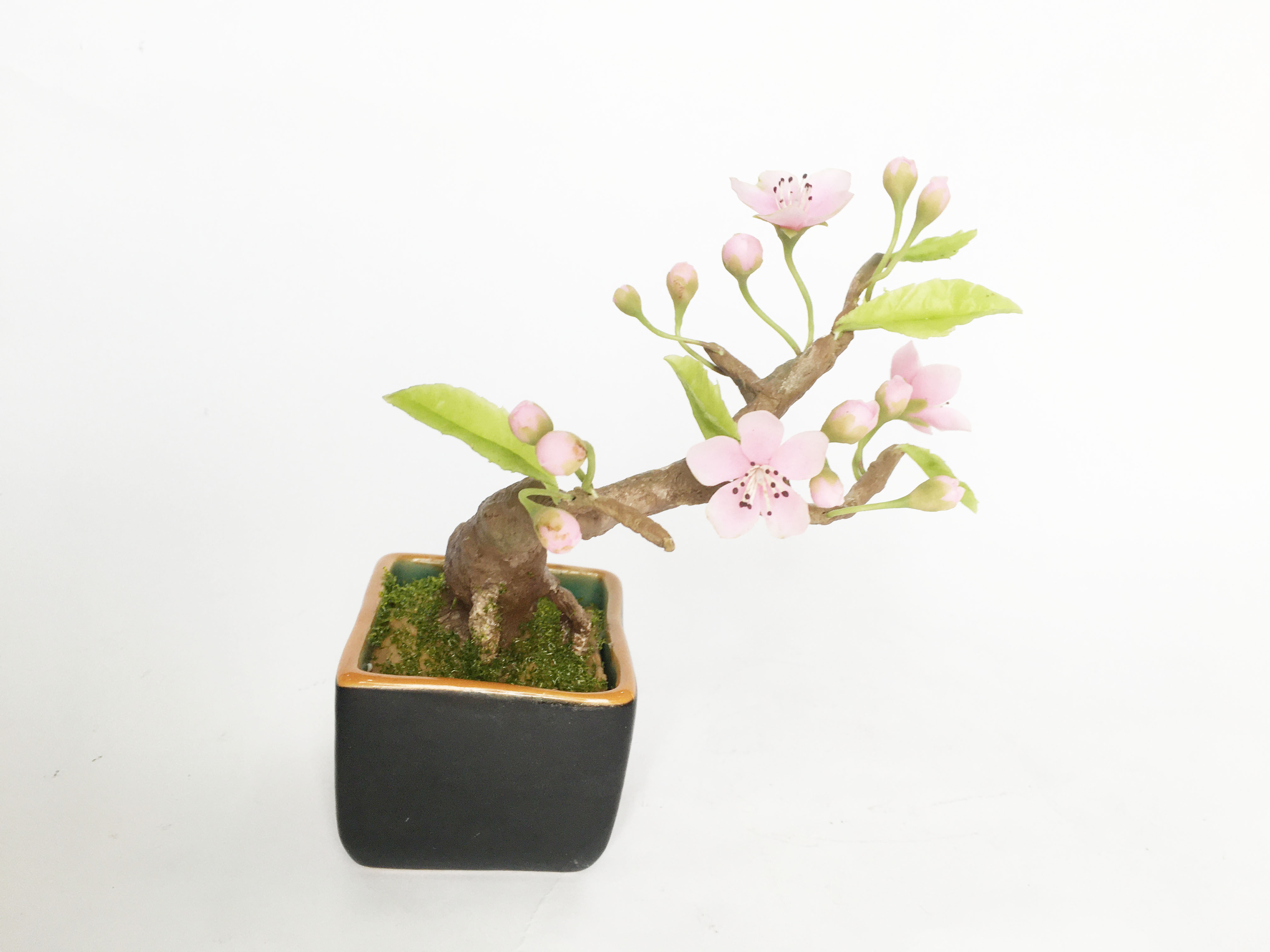 Chậu hoa đất sét mini- Bonsai hoa đào sakura - Quà tặng trang trí handmade (18x10x10cm)