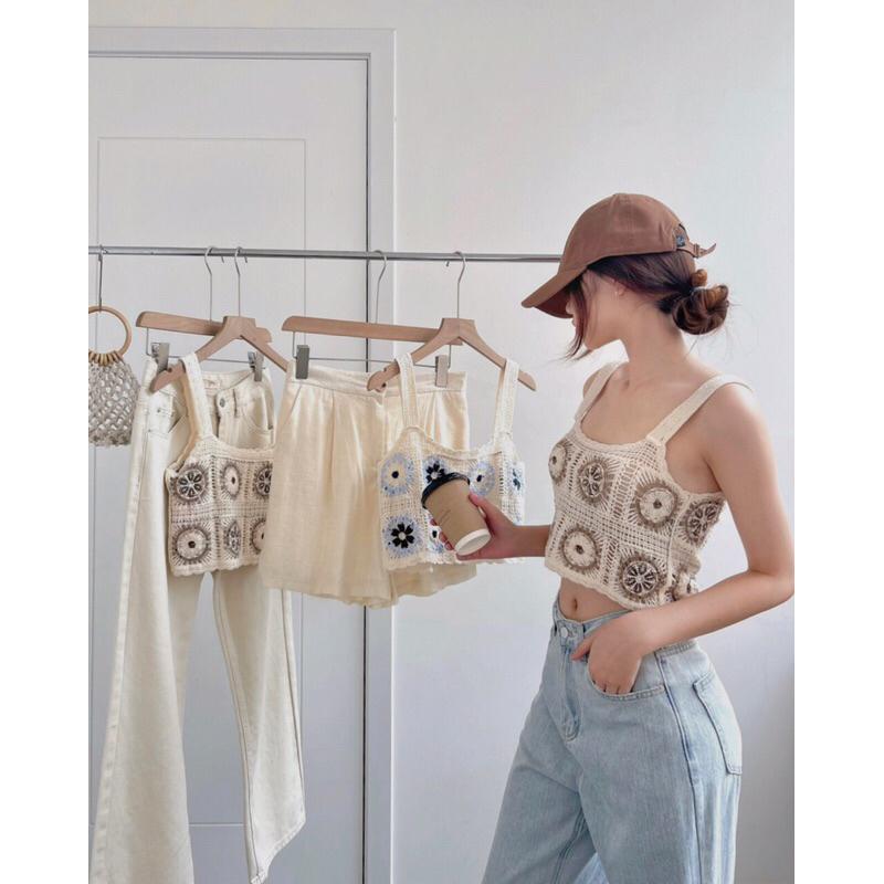Áo len nữ a5238901 croptop hai dây thêu hoa germe