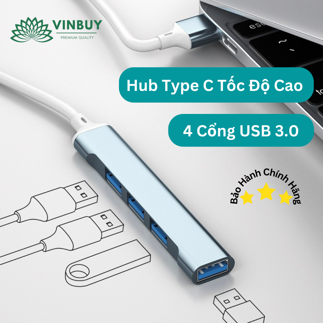 Hub USB 3.0 Và Hub Type C Đầu Ra 4 Cổng USB 3.0, Cổng Chuyển Đổi Dành Cho Macbook, Laptop, PC - Hàng Chính Hãng
