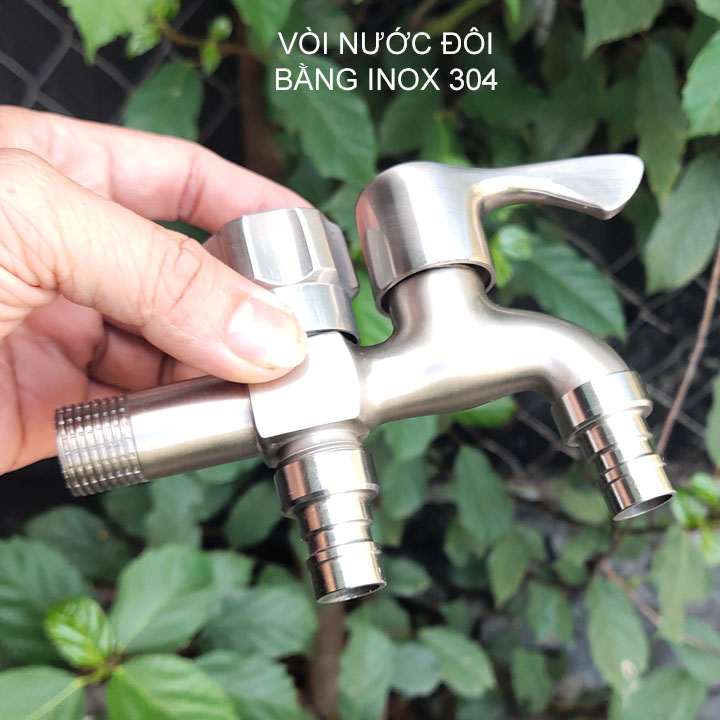 Vòi nước đôi inox 304 gắn tường, 01 đầu vào 2 đầu ra (kích thước đầu vào DN15 lắp cho ống D21)