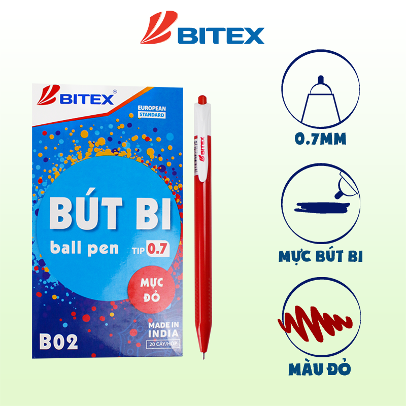 Bút bi Bitex (0.7mm) B02 - Xanh, đỏ, đen (20 cây/hộp)
