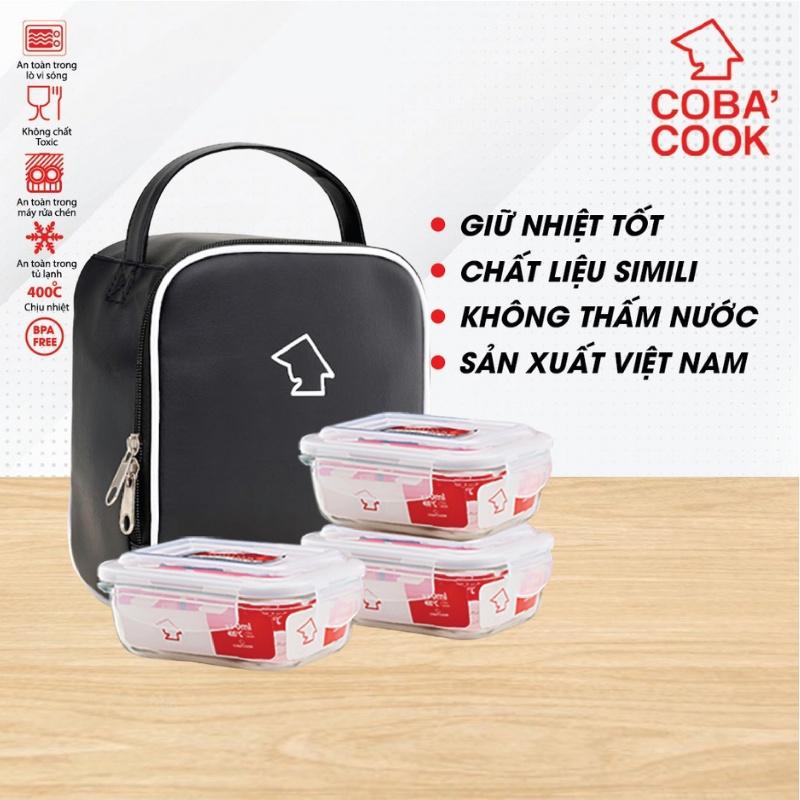 Bộ 3 Hộp Đựng Cơm Thủy Tinh Chịu Nhiệt COBA'COOK 3 Hộp Chữ Nhật 370ml Kèm Túi Da Cao Cấp Giữ -CCL33SS