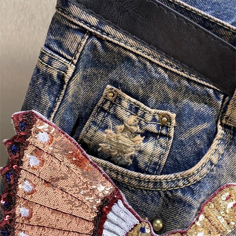 Quần Short Denim Ống Rộng Đính Đá Kiểu Retro Châu Âu Cá Tính Cho Nữ