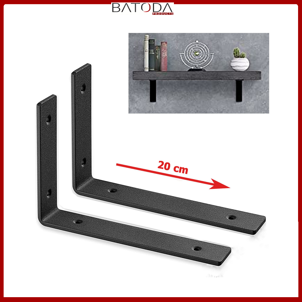 Bộ 2 giá treo chữ L 20cm, ke chữ L bằng thép phủ sơn tĩnh điện màu đen, kèm phụ kiện vít tắc kê