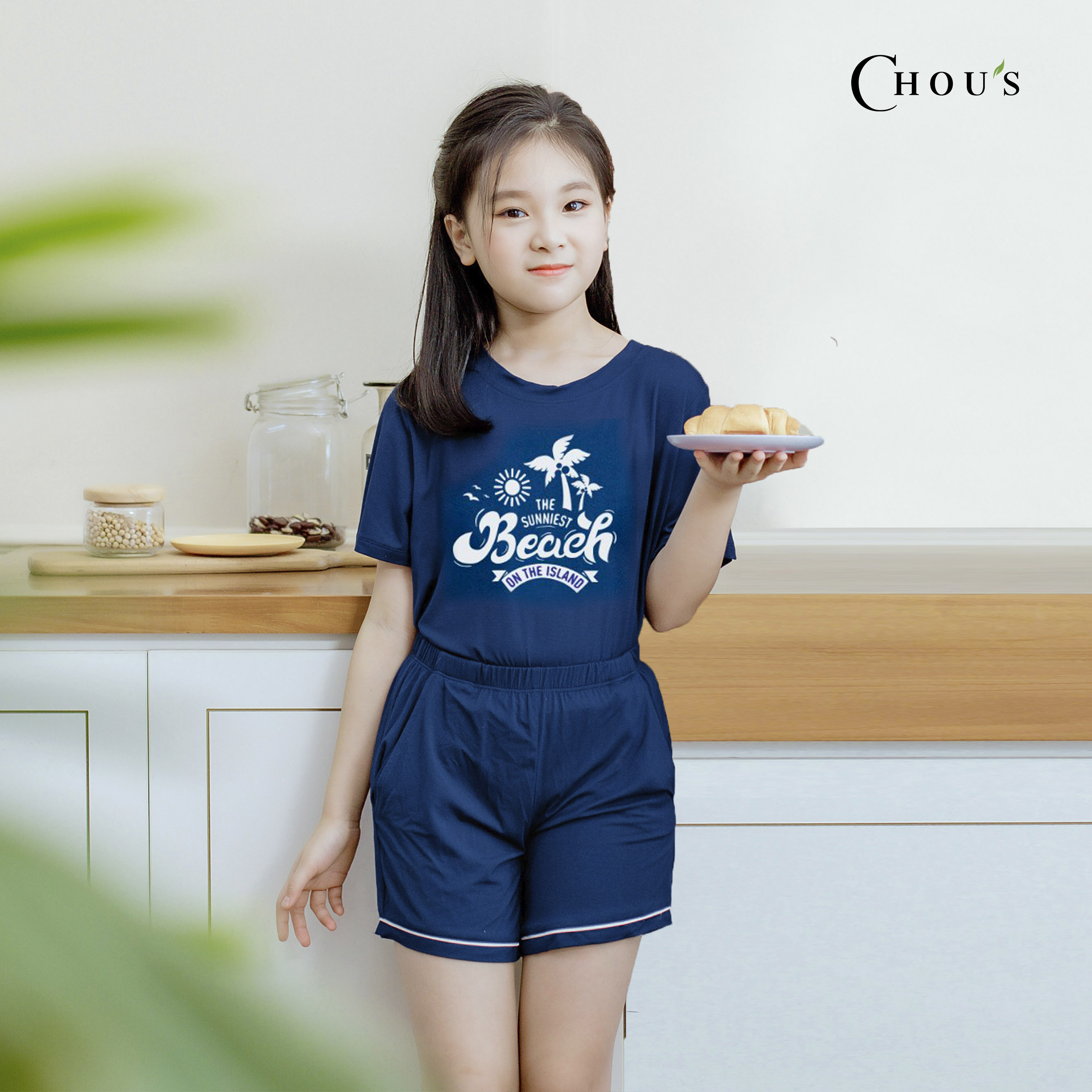 Bộ cộc tay chui cổ trẻ em vải bamboo cao cấp Chou's - Màu xanh navy