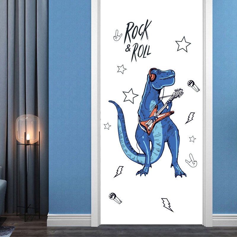 Decal dán tường khủng long xanh Rock and Roll sôi động