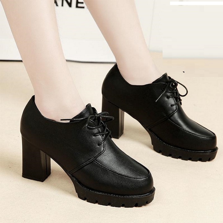 Giày boot nữ đế vuông 7 phân cột dây trơn cao cấp, bốt nữ gót vuông phong cách Korea S084