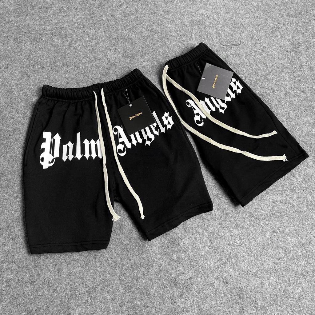 Quần short lửng thun nam đẹp màu đen in chữ Palm Angels thể thao lưng chun dây rút chất nỉ da cá 2 da dày xịn